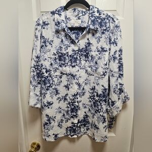 Charter Club Luxury 100% Linen Blouse XL White Blue Floral 3/4 Sleeve